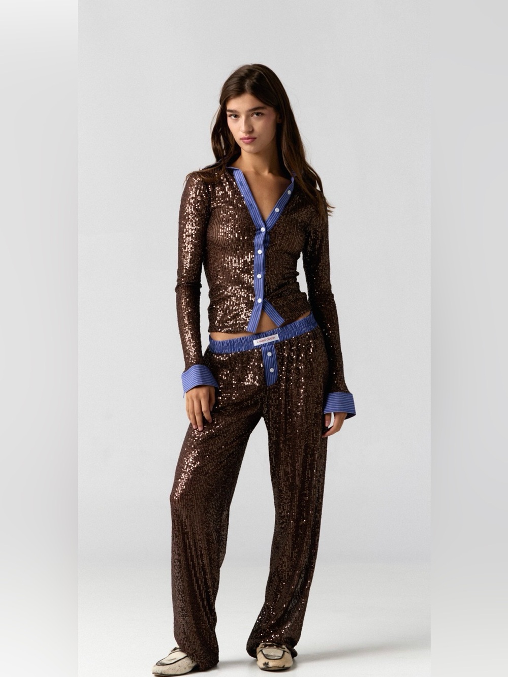 NWT Hand Over Charles button down Blouse pants Sequin Sparkle Party set L